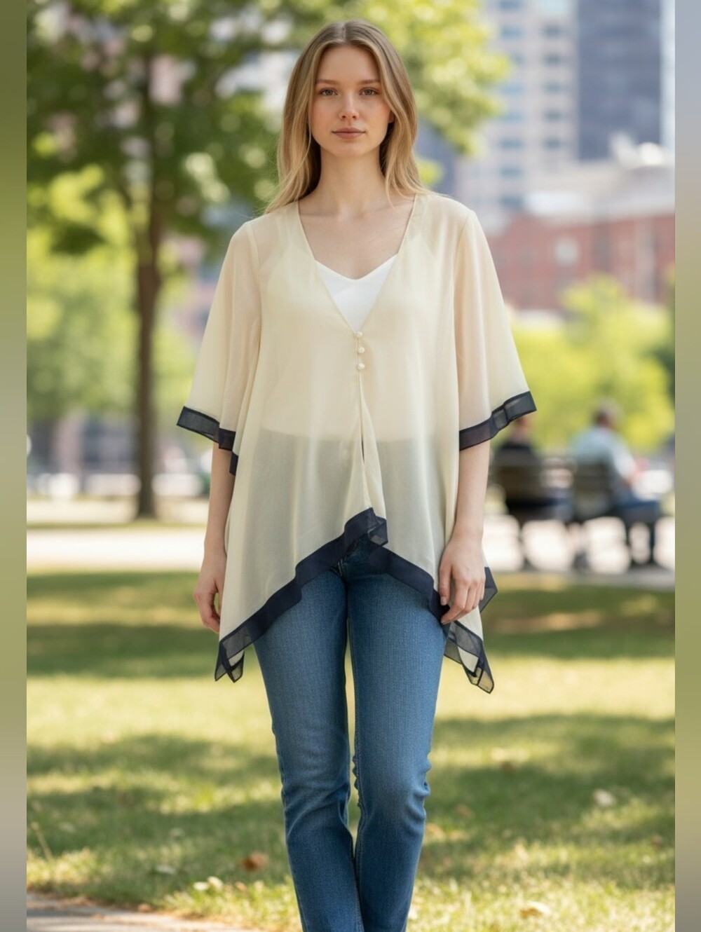 Elizabeth And James 100% Silk Sheer Cream V-Neck Poncho Top with Black Trim XS